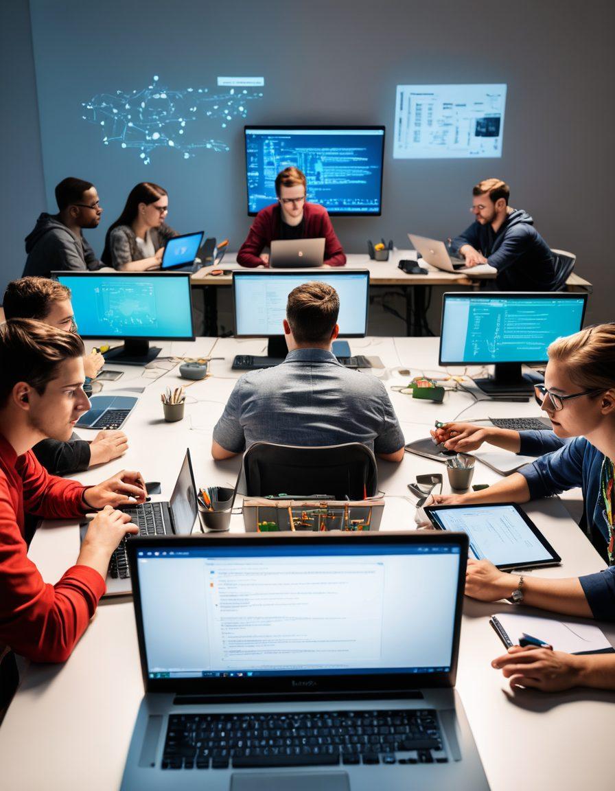 A diverse group of individuals gathered around a large table, each with their laptops open, engaged in collaborative troubleshooting and skill-sharing. The background features Linux-related icons and terminal screens. They are animatedly discussing and sharing screens. The room is bathed in a soft light, highlighting their focused expressions and camaraderie. super-realistic. vibrant colors. white background.