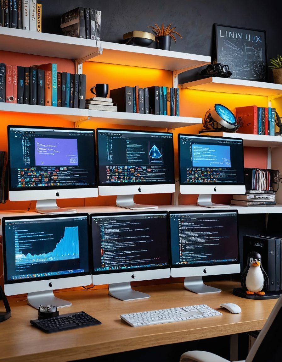 A modern, sleek computer desk setup featuring multiple monitors displaying terminal windows with code and Linux tutorials. Bookshelves filled with Linux manuals and a steaming cup of coffee nearby. The background includes subtle Linux icons and logos. painting. vibrant colors. 3D.
