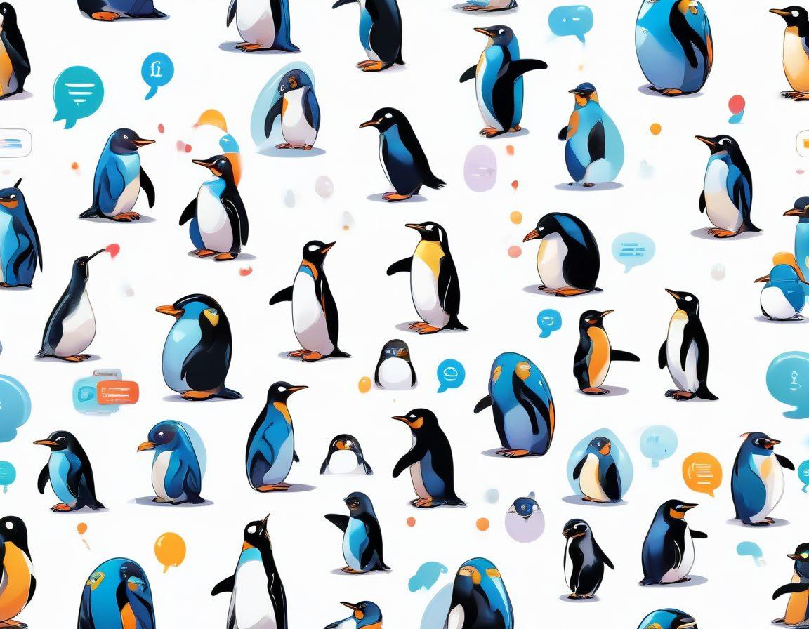 A bustling online community of diverse enthusiasts actively collaborating on Linux projects, with vibrant chat bubbles, glowing screens displaying lines of code, and cheerful faces of expert mentors. Include symbolic elements like penguins (Tux), open-source icons, and resource-sharing. Futuristic, tech-savvy atmosphere. vibrant colors. white background.